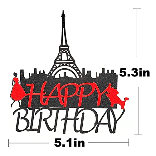 Eiffel Tower Cake Topper, Paris Happy Birthday Decorations French Cupcake Topper, Glitter Tower Cake Decor Ooh La La Party Supplies For Wedding, Valentine Day, Bachelorette, Baby Shower(Black Red) #TOP1