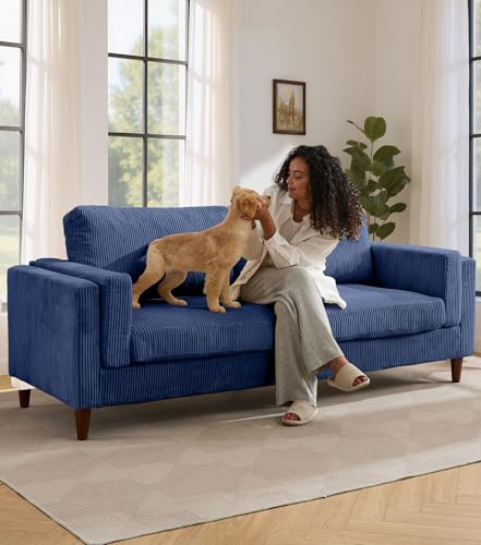Tbfit 85" Corduroy Couch for Living Room, 3 Seater Mid Century Modern Sofa with Spring Cusions & Extra Deep Seat for Bedroom, Small Comfy Upholstered Couches Easy Assembly with Solid Wood Legs, Blue