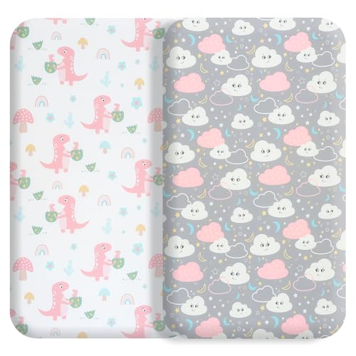 Image of FHMJYH Bassinet Sheet Set Halo Bassinest Fitted Sheets 2 Piece Rectangle Oval Halo Hourglass Mattress Stretchy Fitted Bassinet Bed Sheet for Boys Girls Unisex (Dinosaur Egg with Clouds Baby)