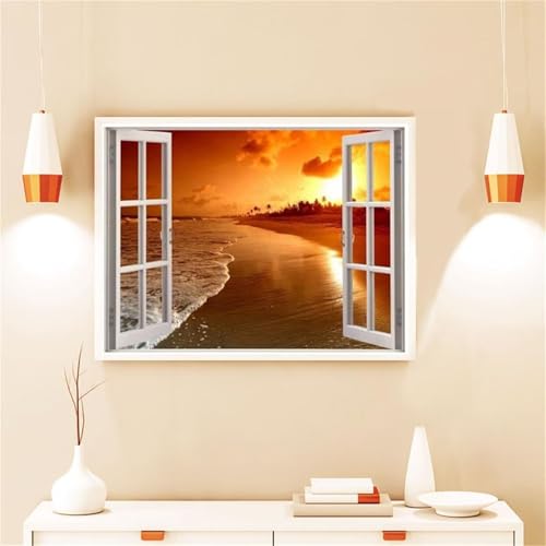 Diamond Painting Fenêtre Plage pour Adulte Grand Format 80x100cm Strass Carré
