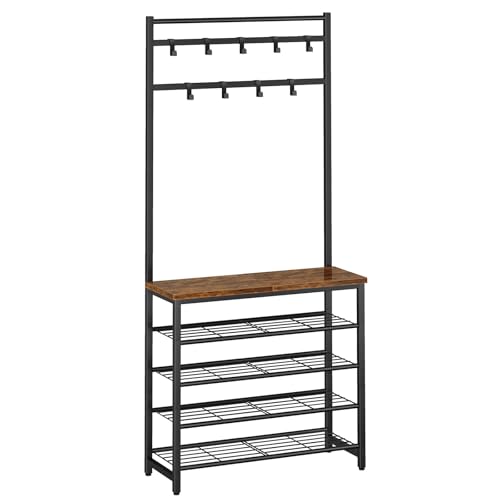 IBUYKE 188cm de Porte-Manteaux avec Étagère à Chaussures, 5 Niveaux de Rangement pour Chaussures et 9 Crochets Amovibles, Porte-Manteau pour Entrée Chambre, Rustique Marron et Noir TXJ007H