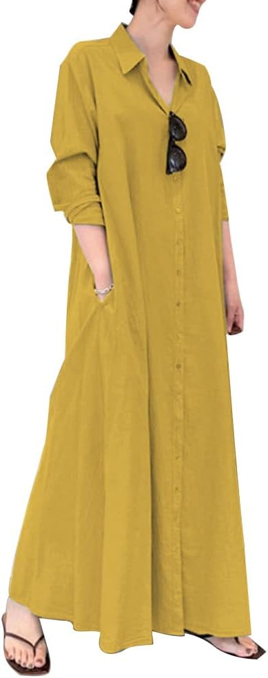 Women's Loose Fit Long Sleeve Button Up Maxi Shirt Dress with Pockets Abaya Dresses