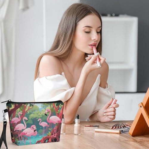 Bolsa de maquillaje de piel sintética con flamencos, ideal para organizar cosméticos en tus viajes 6
