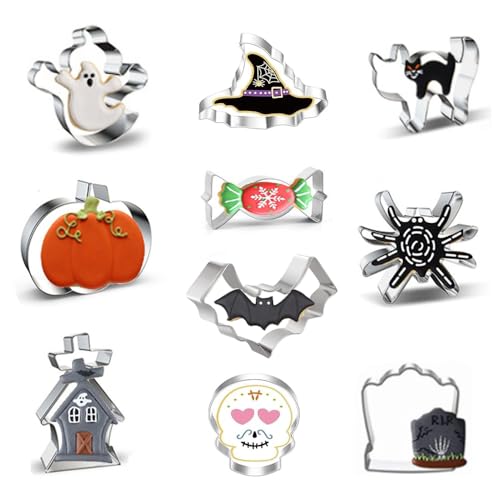 Halloween Moldes Para Galletas Grande- Sombrero de Bruja, Calabaza, Fantasma, Murciélago, Lápida y gato Cortador Acero Inoxidable