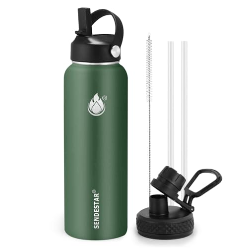 Image of Insulated Water Bottle 32 oz with Straw, Stainless Steel Wide Mouth Water Bottle, Double Wall Vacuum Leak Proof with Straw Lid & Spout Lid for Sports or Office, Keep Cold or Hot Up to 24 Hrs