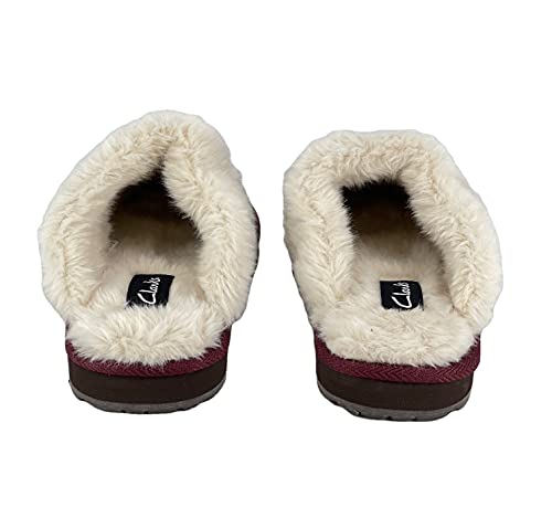 Image of Clarks Womens Open Back Suede Leather Comfort Clog Slipper JMS0583C - Plush Faux Fur Trim - Indoor Outdoor House Slippers For Women