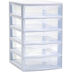 Cajoneras De Plastico AC - Cajonera de Almacenamiento ´´Guadiana´´ con 5 cajones, Torre de almacenamiento multiusos para oficina, hogar, escuela, etc. 28 x 18 x 21,5 cm. Color Blanco. Modelo aleatorio