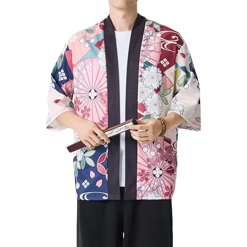 Image of PRIJOUHE Men's Lightweight Kimono Jacket Seven Sleeve Open Front Cardigan Coat Japanese Style Bathrobe