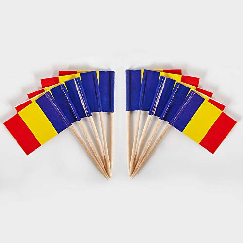 JAVD CYPS 100 Pcs Romania Flag Romanian Toothpick Flags, Small Mini Stick Cupcake Toppers Romanian Flags,Country Picks Party Decoration Celebration Cocktail Food Bar Cake Flags