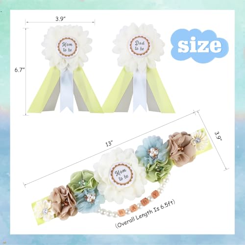 Image of Pea Green Gender Reveal Maternity Sash Kit, Sage Green Baby Shower Belly Belt and Mom to Be Dad to Be Corsage Pins, New Parent Pregnancy Announcement Photo Props Party Supplies