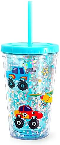 Home Tune Cute Tumbler with Lid and Straw Double Wall Insulated Acrylic Cup for Girls Boys Kids, 18oz/550ml (Airplane & Truck)