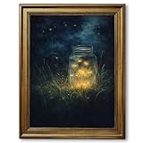 Framed mystical fireflies in jar poster Canvas Print Art Vintage Whimsical Wall Art Painting Pictures Home Decor Living Room (black frame,8L x12W)