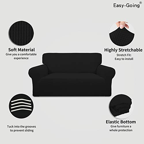 Image of Easy-Going Stretch Loveseat Slipcover 1-Piece Sofa Cover Furniture Protector Couch Soft with Elastic Bottom for Kids Polyester Spandex Jacquard Fabric Small Checks (Loveseat, Black)