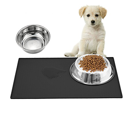 Ewolee Alfombrilla Mascotas Comida - Alfombrilla Silicona para Comederos de Perro Gato con Borde Extra alto y Superficie Antideslizante | Esterilla y Salvamanteles para su Mascota(Negro, 60 x 40cm)