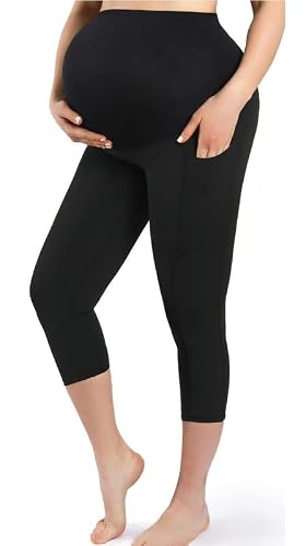 Sweetaluna Maternity Capris Over The Belly, Women's Pregnancy Active Yoga Pants Leggings With Pockets Black #TOP2