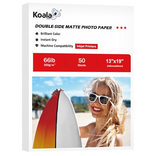 Koala Double Sided Matte Thick Photo Paper 13x19 Inches Heavyweight 50 Sheets 250gsm Compatible with Inkjet Printer and Dye Ink