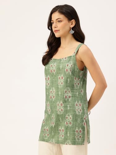 Image of feranoid Women's Printed Sleeveless Short Kurti with Stylish Neck, Backless Design & Side Slits (XS-XL)