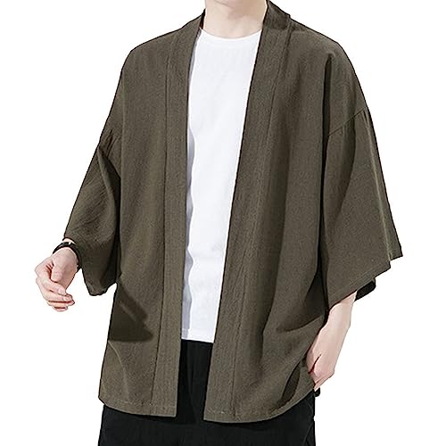[FJLTDCP] 夏服 メンズ カーディガン メンズ ビジネス カジュアル 無地 和風 羽織 アウターシャツ 和式カーディガン メンズ 七分袖軽量 光沢通気性 おしゃれ 大きいサイズ 春夏秋メンズ-green-2XL（Amazon）