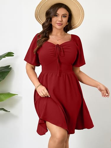 Image of RWJ Women Plus Size Summer Dress Short Sleeve Tie Front Sweetheart Neck Casual Mini Wedding Guest Dresses 2025