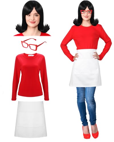 Tigeen 4 Pcs Halloween Costume for Women Include Black Wig Long Sleeve Shirt Red Cat Eyeglasses White Half Apron for Halloween (Large)