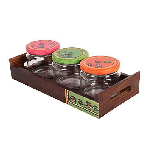 Image of AAKRITI ART CREATIONS Tray in Wood with 3 Glass Jars | Madhubani Art Lids | Set of 4 | Natural Brown, Matte Finish | Kitchen & Dining Table Decorative Storage | Glass Container for snacks