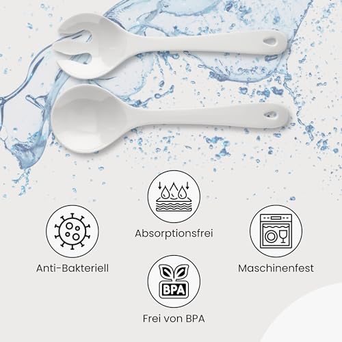 Spoddy Salatbesteck Kunststoff (31cm Groß, Zweiteilig, Weiß) - Plastik Salat Besteck mit Salatlöffel und Salatgabel zum Servieren (Spülmaschinenfest und Hitzefest bis 100°C)