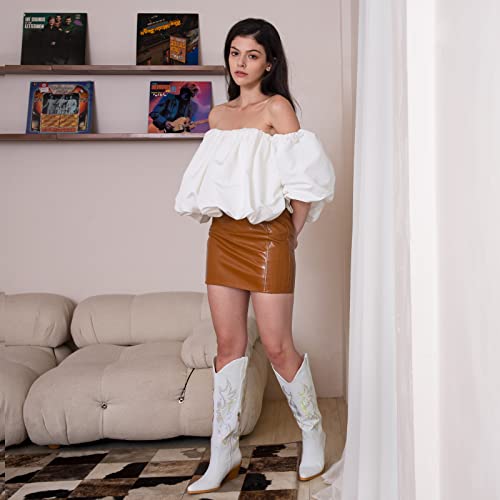Pasuot Rhinestone Cowboy Boots For Women - White Wide Calf Knee High Cowgirl Boots With Side Zipper And Sparkly Glitter Embroidery, Almond Toe Mid Heel Retro Fashion Tall Cowgirl Boot Pull On Us 8 thumb #1
