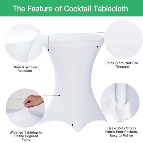 Image of Fixwal 4 Pack White Cocktail Tablecloth, 32x43 Inch Spandex Cocktail Table Covers, Round High TOP Table Cover for Party, Bar, Pub, Wedding, Banquet