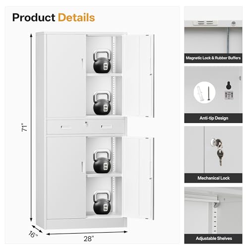 Image of Metal Storage with 1 Drawer, 71 inch Cabinet with 4 Locking Doors and 2 Adjustable Shelves, Steel Storage File Cabinet for Pantry, Kitchen, Office, Garage (White)