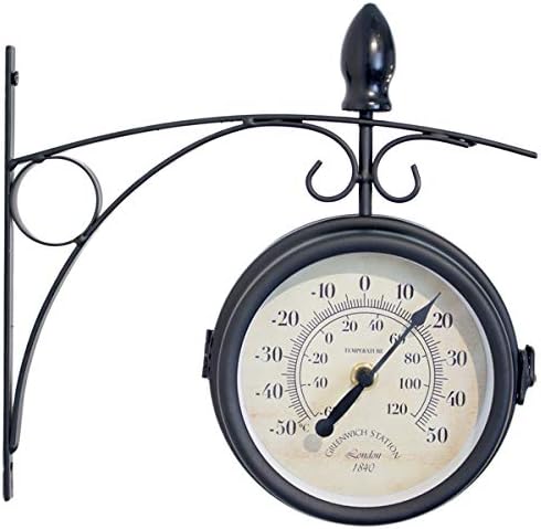 Primrose Greenwich Swivel Metal Garden Station Wall Clock with Thermometer in Black - 15cm (6in) - by About Time™