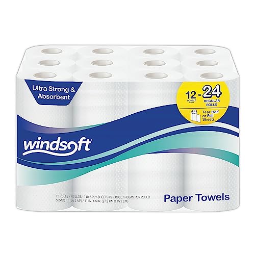 Windsoft Premium Paper Towels, 12-Pack, 110 Sheets Per Roll, Double Rolls, Perforated Full & Half Sheets, 2-Ply White Kitchen Towels, Embossed and For Enhanced Absorbency