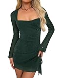 GOKATOSAU Women's Sheer Long Sleeve Sequin Sweetheart Neck Side Ruched Bodycon Mini Dress DarkGreen