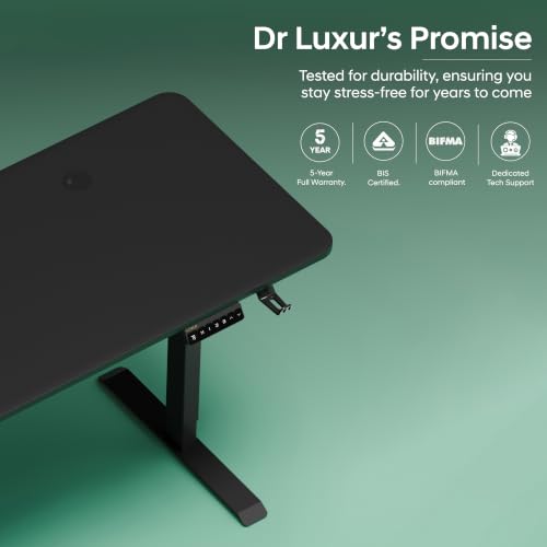 Image of Dr Luxur Stallion Electric Standing Desk | Height Adjustable 70-114cm | 80kg Load | 3 Memory Presets | Zero Wobble | Child Lock | Low Noise Motor | 5 Year Warranty (Black, 1200 * 600 mm)