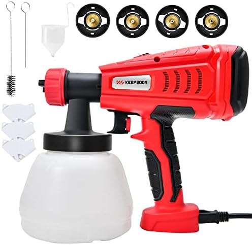 Paint Sprayer, KEEP SOON HVLP Electric Spray Paint Gun, 1300ML Container/4 Nozzles/3 Patterns,Furniture Paint Sprayer for Home Interior and Exterior Decoration, cabinets, House, Ceiling