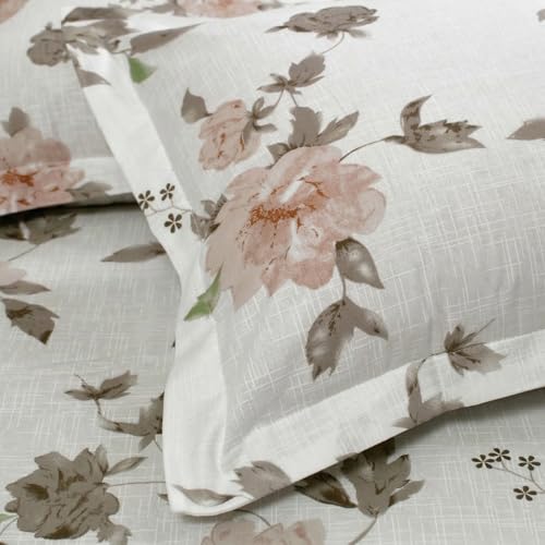 Image of Huesland by Ahmedabad Cotton 144 TC Cotton Bedsheet for Double Bed King Size with 2 Pillow Covers | White, Dusty Rose & Dull Brown