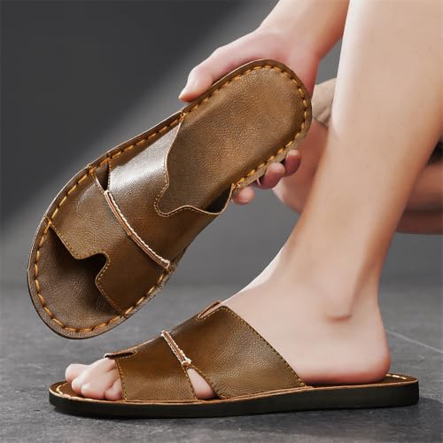 Image of Men's Leather Cutout Slides Sandals Comfortable Lightweight Open Toe Anti-Slip Soft Bottom Slip On Slippers Summer Outdoor Casual Beach Sandals
