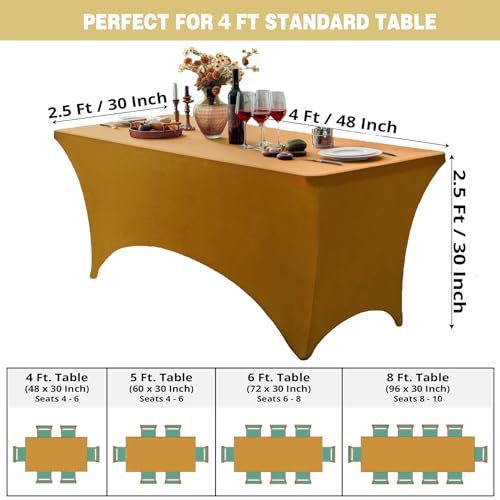 Image of FOLINS&HOME Gold 4ft Fitted Water Resistant Tablecloth with Spandex | Washable Elastic Rectangle Table Cover for 4 Foot Folding Tables, Stretch Table Cloth for Weddings, Banquets, Parties
