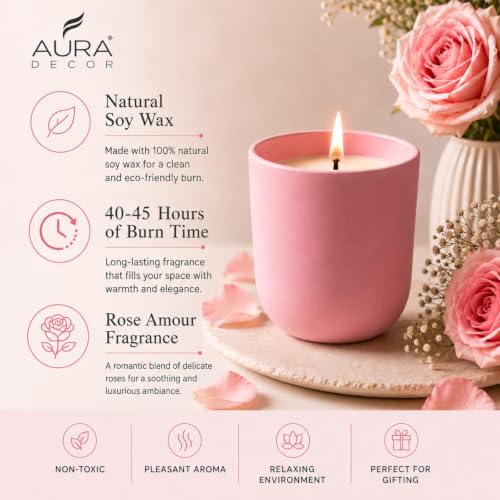 Image of Aura Decor Rose Amour Scented Candle | Luxury Rose Fragrance Candle with Bulgarian Rose, Vanilla & Cashmere Woods | Premium Glass Jar Aromatherapy Candle for Home Decor, Bedroom, Romance & Gifting