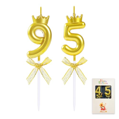 EAKE 95 & 59 Birthday Candles, 3D Gold Number 95 Candle Cake Topper with Crown for 95th 59th Happy Birthday Wedding Anniversary Party Celebration Decorations