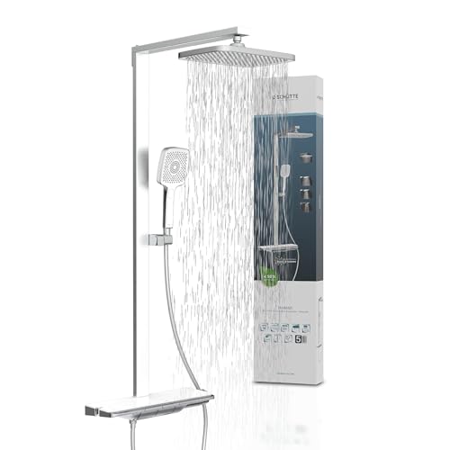 Schütte HAWAII Duschsystem mit Thermostat und Glasablage, Duschset mit 30x20cm Kopfbrause, Regendusche mit Wandhalterung und Duschkopf, Duschpaneel Duschsäule, Chrom