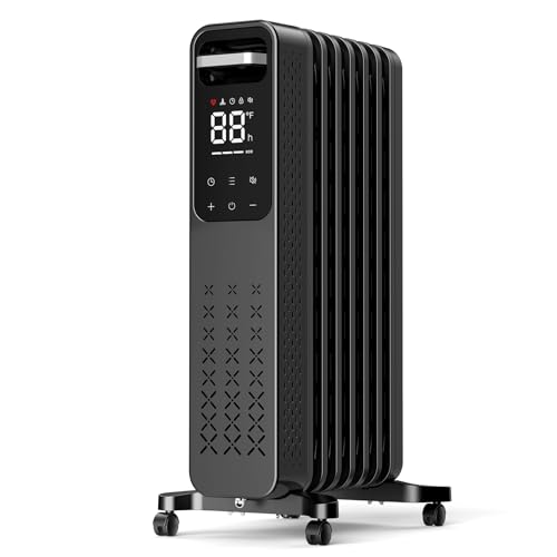 ZAFRO Oil Filled Radiator Heater, 1500W Energy Saving Space Heater with Curved Fin Design, Smart Touch Screen, ECO Mode & 24H On/Off Timer, Tip-Over & Overheat Protection for Bedroom Office Use, Black
