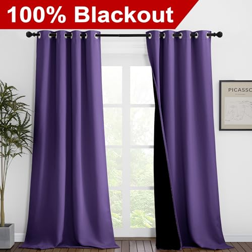Image of NICETOWN 100% Blackout Blinds, Set of 2, 46 inches x 102 inches, Laundry Room Decor Window Treatment Curtains for Large Patio Sliding Door, Thermal Insulated Lilac Purple Curtains for Bedroom