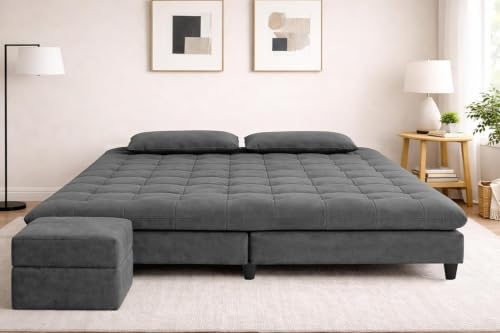 Image of Convertible 3-Seater Apsen Sofa Bed with Tufted Sleeper Couch with Adjustable Backrest- Living Room Furniture - Grey Color