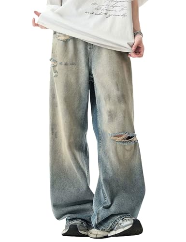 Men Baggy Jeans Y2k Straight Leg Ripped Jeans Vintage Boyfriends Distressed Jeans Wide Leg Denim Skater Pants