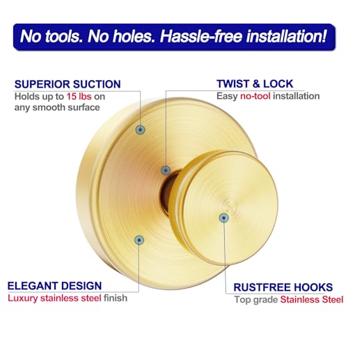 Image of Bntuk Suction Cup Hooks for Shower, Towel Hooks for Bathroom Window Glass, Bath Robe Looafh Hook for Hanging - 2 Pack, Gold