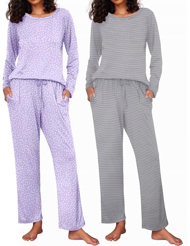 Ekouaer 2 Pack Women's Pajama Set Soft Long Sleeve Sleepwear Loungewear Pjs Sets with Pockets S-XXL