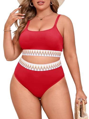 Beautife Womens Plus Size High Waisted Bikini Sets Tummy Control Bathing Suits Color Block Adjustable Straps 2 Piece Swimsuit