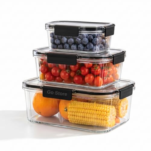 Image of GO STORE Airtight Container for Fridge Organizer | Set of 3 (S-300 ml | M-800 ml | L-1200 ml) Plastic Leakproof Storage Boxes Set Durable Odor Free, BPA Free for Vegetables, Kitchen (Black)