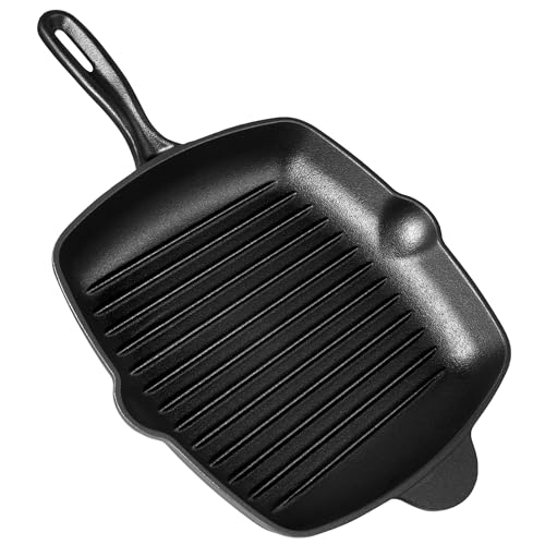 VonShef Cast Iron Griddle, 10" Frying Pan, Pre-Seasoned Non-Stick Pan for All Hob Types, Oven Safe Heavy Duty Skillet with Pouring Lip & Ridged Surface