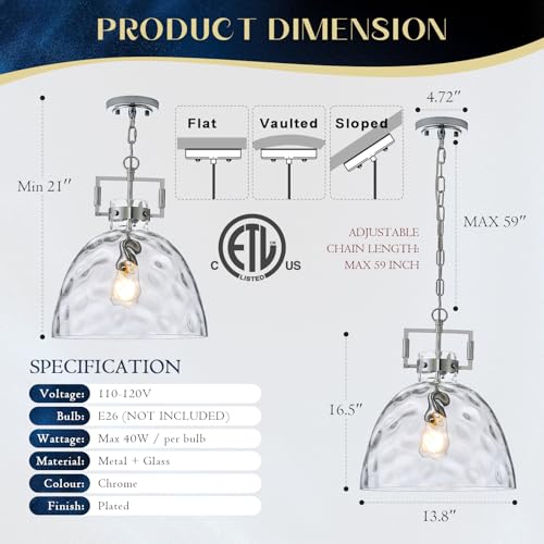 Image of 13.8 inch Chrome Glass Pendant Light, Hammered Clear Glass, E26 Light | 13.8 inch chrome hammered glass pendant light with adjustable chain and E26 socket for kitchen islands and dining rooms